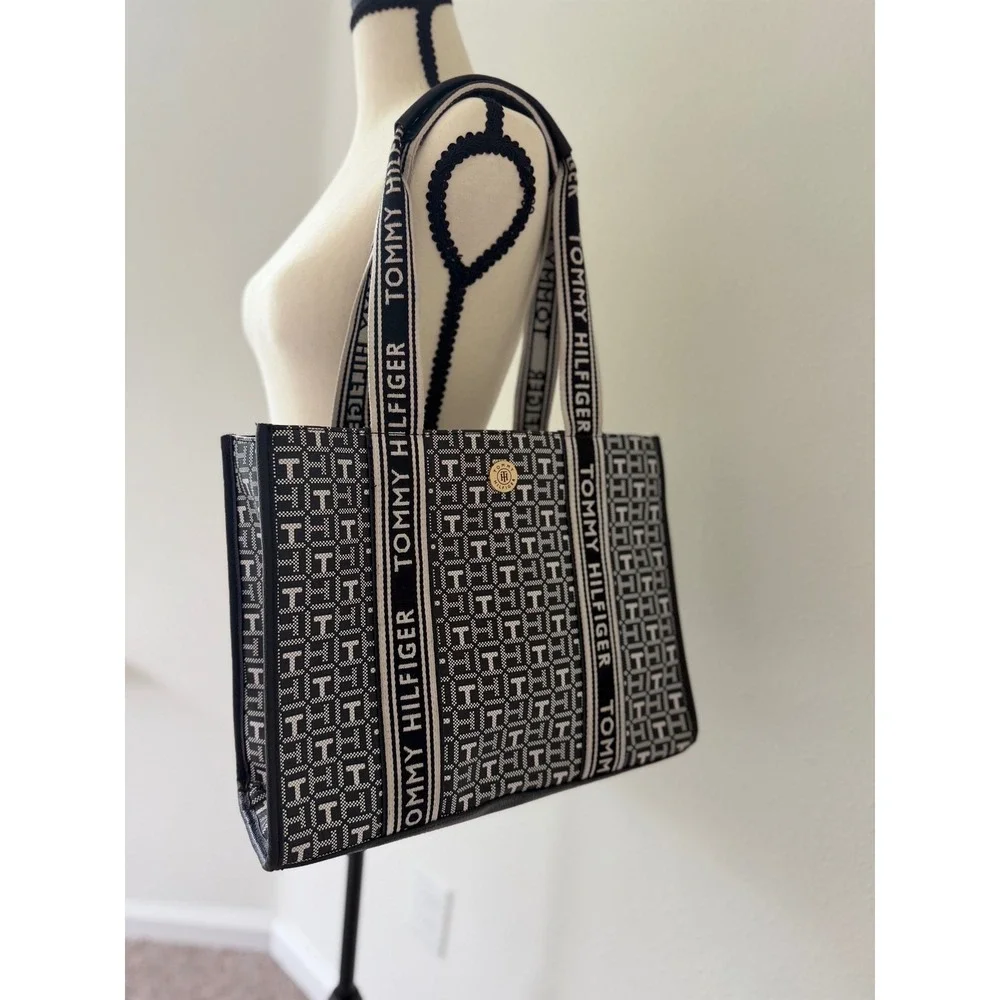 Tommy Hilfiger Monogram Jacquard Tote Bag Navy White Logo Strap Shoulder Bag